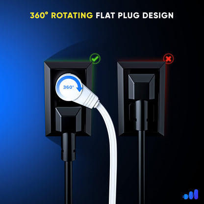 Maximm 360° Rotating Flat Plug — 5 ft Under Carpet, Slim Low-Profile White
