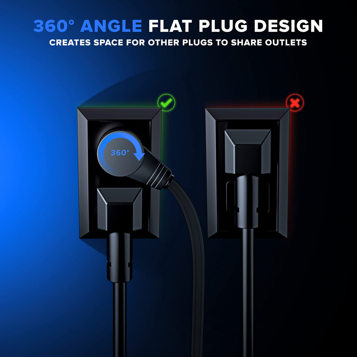 Maximm 360° Rotating Flat Plug Extension Cord – 20 ft, 3 Outlets, Grounded, UL Certified, 16/3 AWG