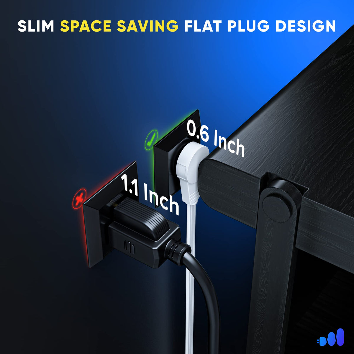 Maximm 360° Rotating Flat Plug — 5 ft Under Carpet, Slim Low-Profile White