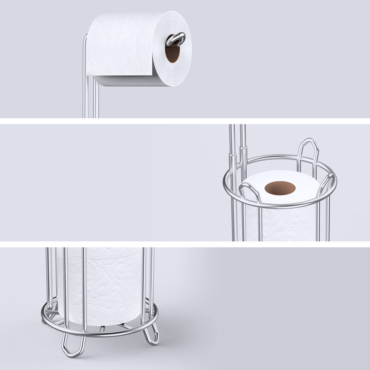 Meangood Toilet Paper Holder Stand for 4 Mega Rolls – Free-Standing, Silver
