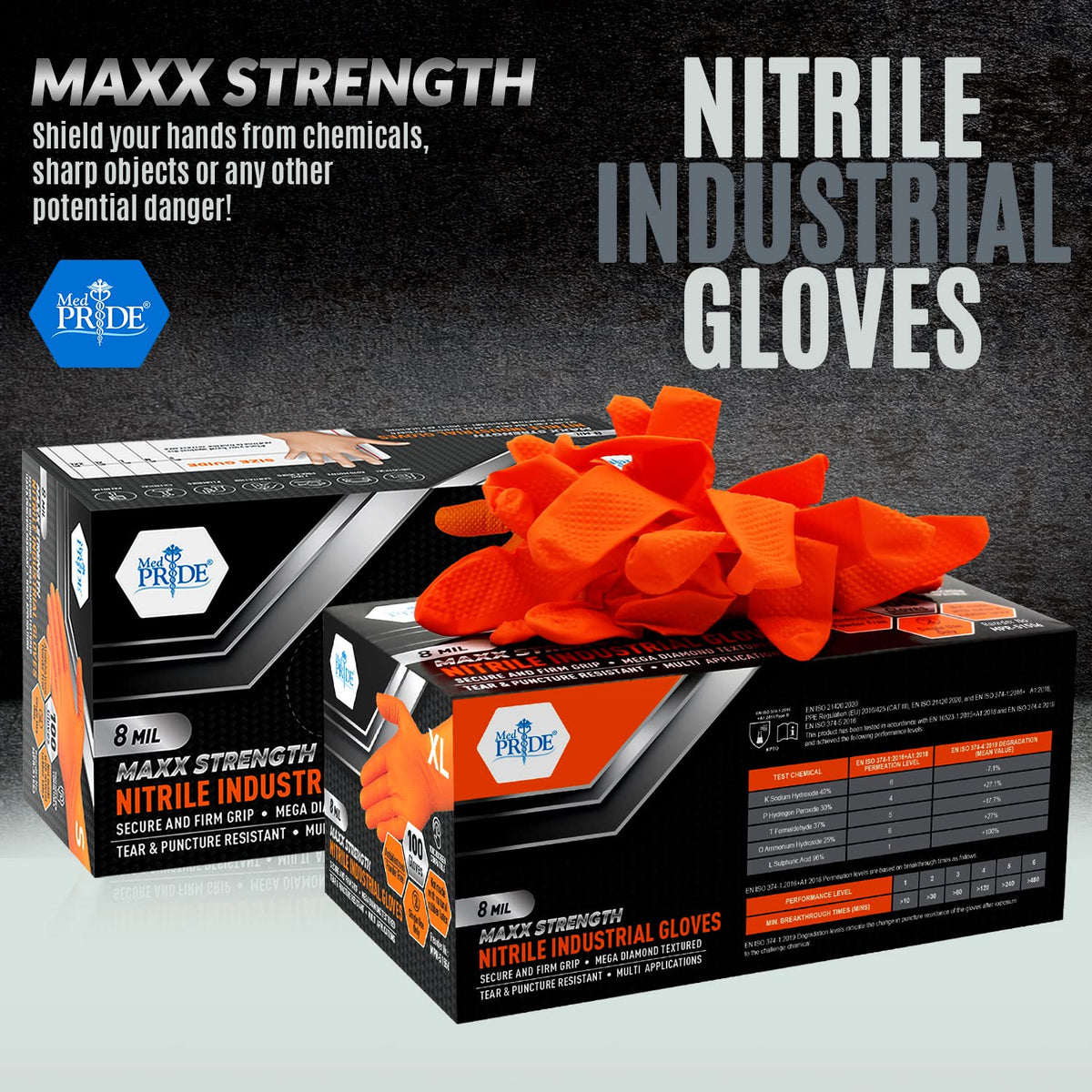 MED PRIDE Orange Heavy-Duty Nitrile Gloves X-Large 100 Count