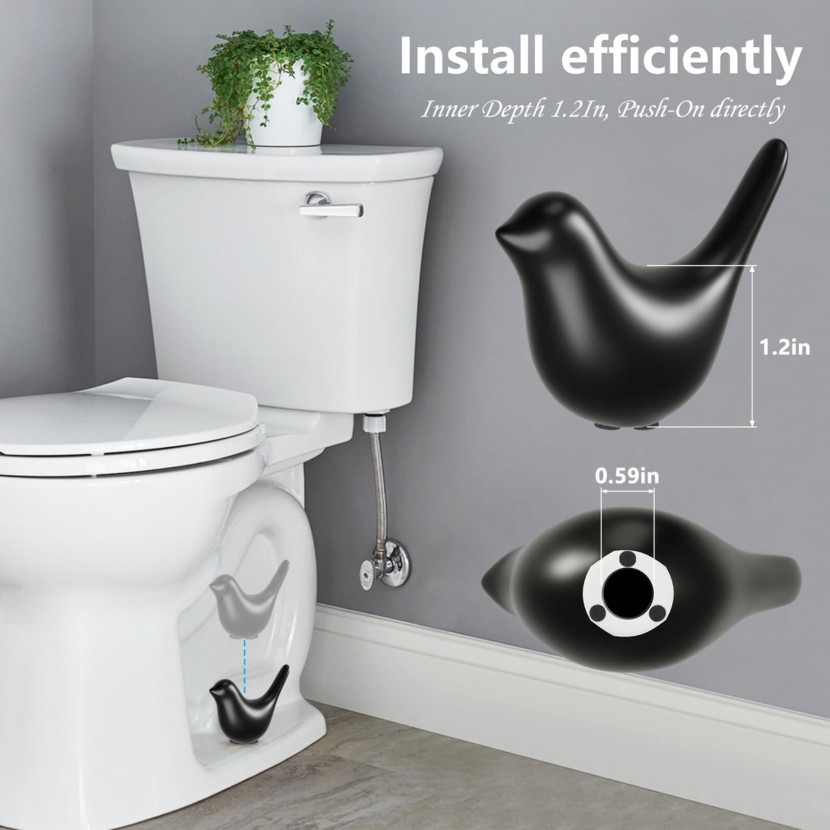 MENNTY Ceramic Matte Black Bird Toilet Bolt Covers (2-Pack) + Universal Bolt Caps (4-Pack) | Easy Install