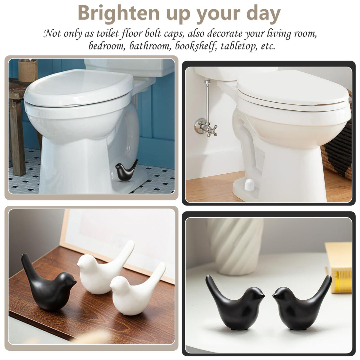 MENNTY Ceramic Matte Black Bird Toilet Bolt Covers (2-Pack) + Universal Bolt Caps (4-Pack) | Easy Install