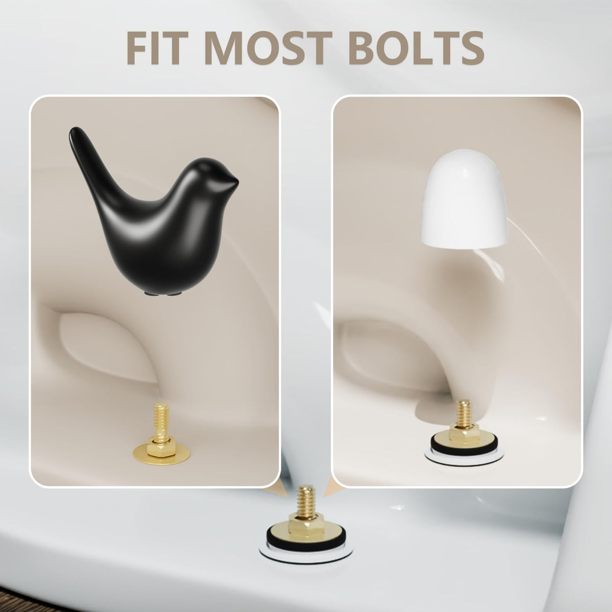 MENNTY Ceramic Matte Black Bird Toilet Bolt Covers (2-Pack) + Universal Bolt Caps (4-Pack) | Easy Install