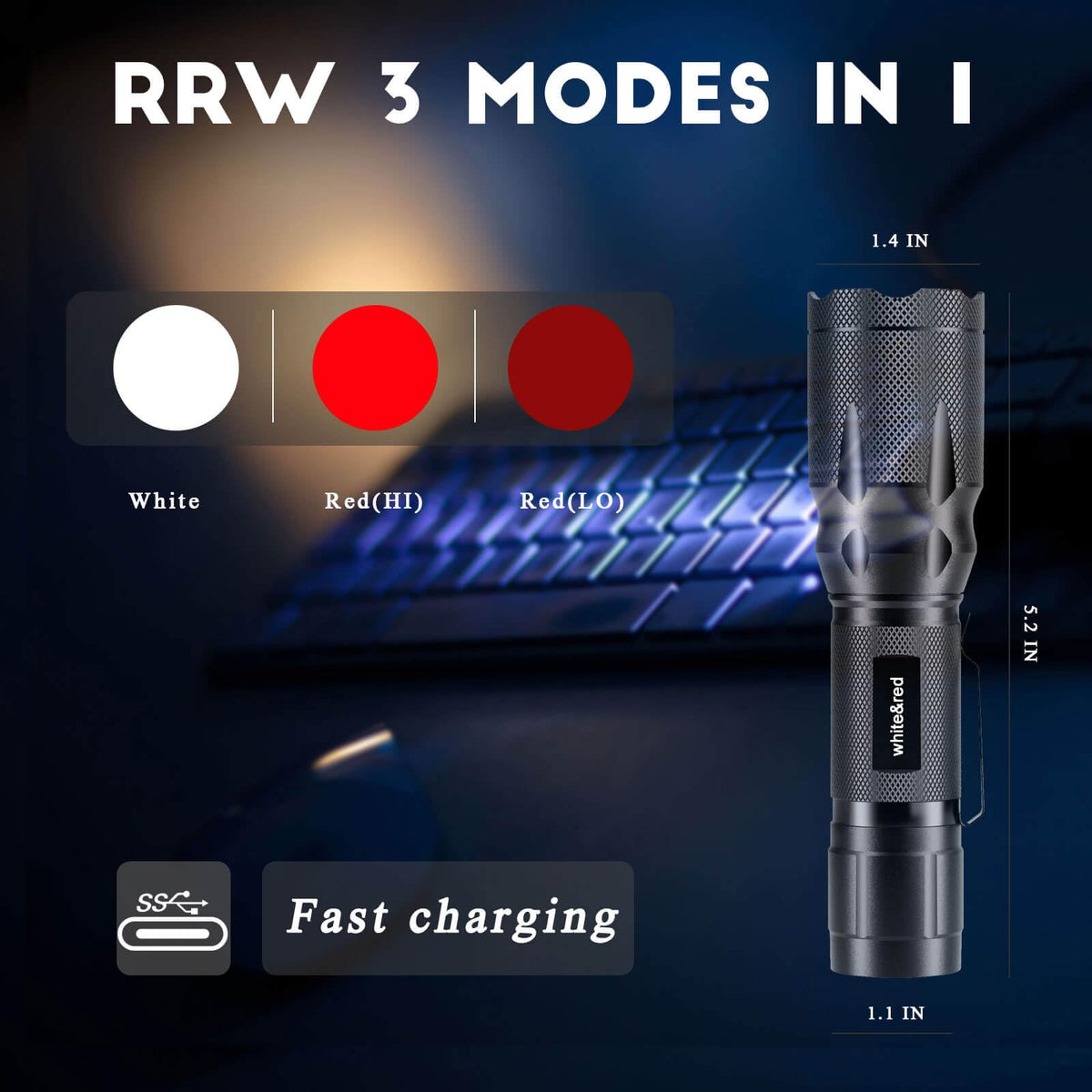 METII Red Flashlight Rechargeable – 3-Mode White & Red Light for Night Observation