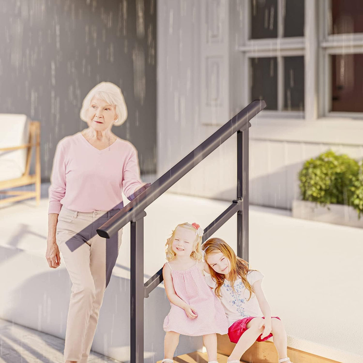 Metty Metal Handrails for Outdoor Steps | 1-4 Step Stair Kit (Black)