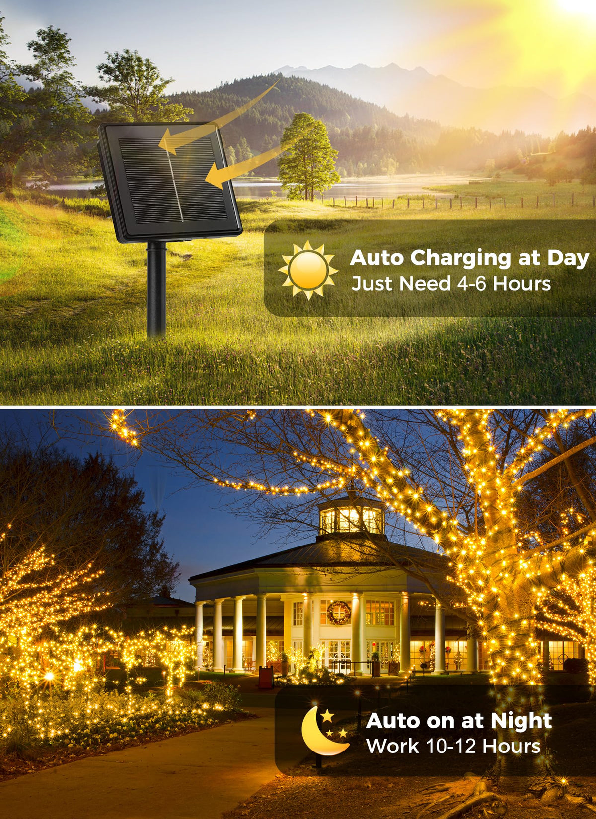 Minetom Solar String Lights Outdoor – 72ft, 200 LEDs, 8 Modes, Waterproof Warm White