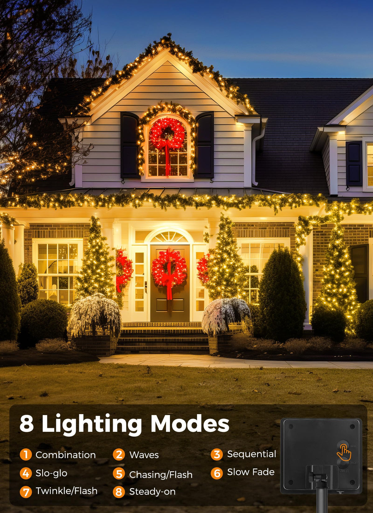 Minetom Solar String Lights Outdoor – 72ft, 200 LEDs, 8 Modes, Waterproof Warm White