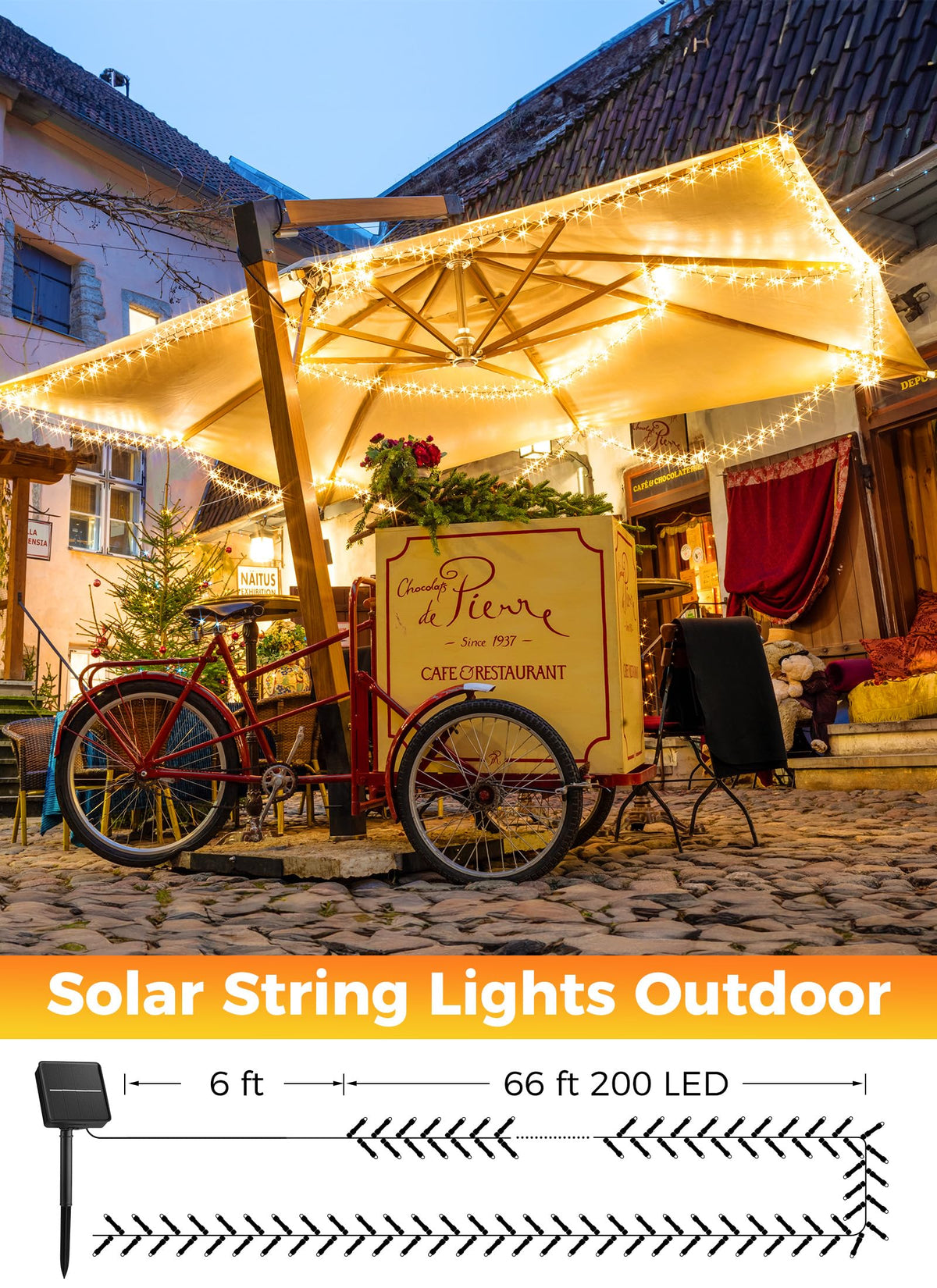 Minetom Solar String Lights Outdoor – 72ft, 200 LEDs, 8 Modes, Waterproof Warm White