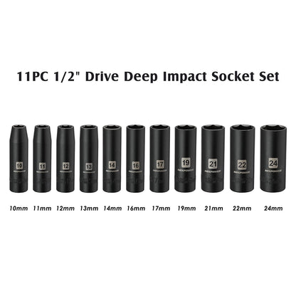 MIXPOWER 11-Piece 1/2-Inch Deep Impact Socket Set – Metric, CR-V, 6-Point