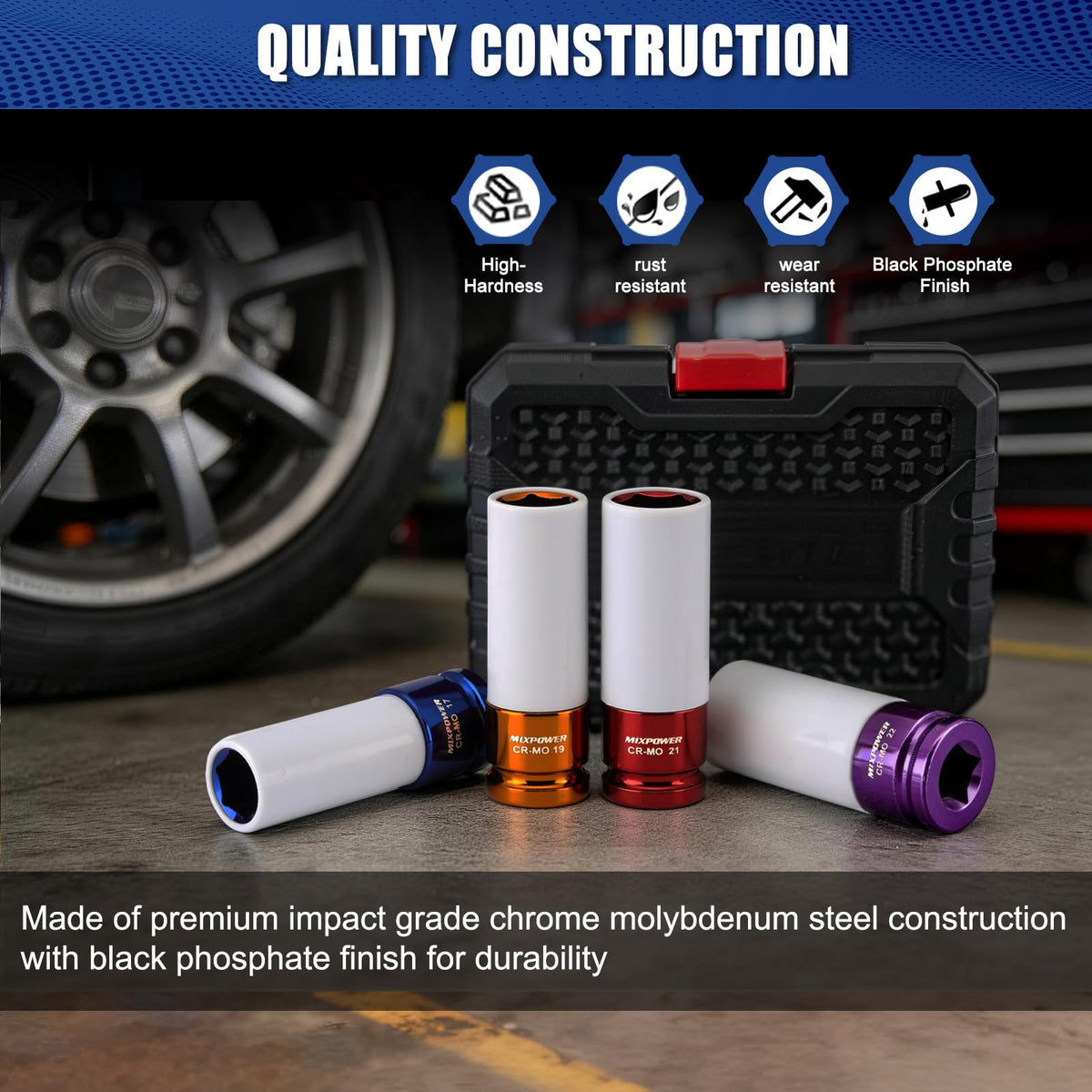 MIXPOWER 1/2-in Drive Wheel Protector Socket Set | 4-Piece Thin-Wall Deep Impact Sockets 17mm, 19mm, 21mm, 22mm