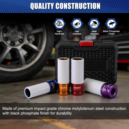 MIXPOWER 1/2-in Drive Wheel Protector Socket Set | 4-Piece Thin-Wall Deep Impact Sockets 17mm, 19mm, 21mm, 22mm