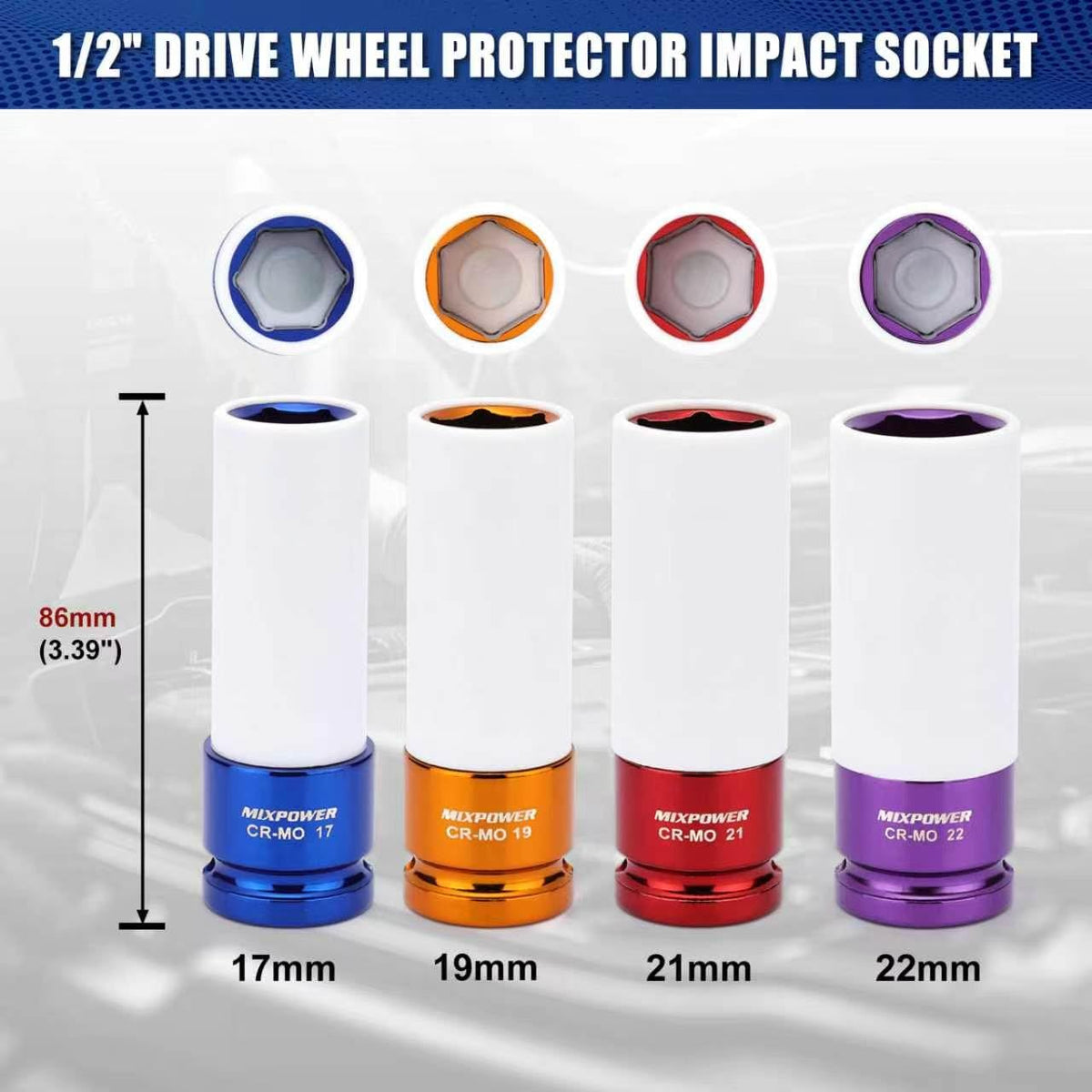 MIXPOWER 1/2-in Drive Wheel Protector Socket Set | 4-Piece Thin-Wall Deep Impact Sockets 17mm, 19mm, 21mm, 22mm