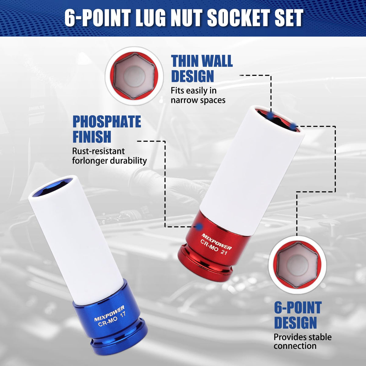 MIXPOWER 1/2-in Drive Wheel Protector Socket Set | 4-Piece Thin-Wall Deep Impact Sockets 17mm, 19mm, 21mm, 22mm