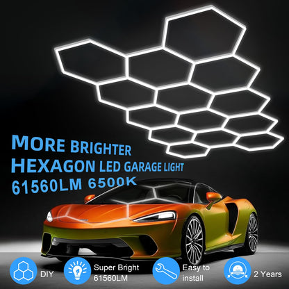 MODERN 14-Hexagon LED Garage Light – 6500K, 61,560 Lumens, 14-Grid System, 57-Pack