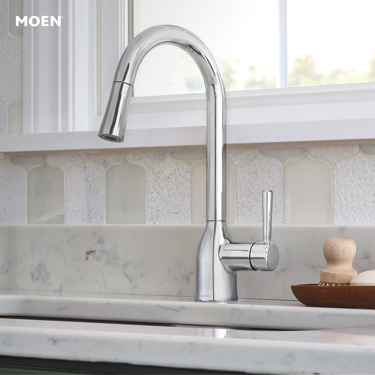 Moen Adler Chrome One-Handle High Arc Kitchen Faucet with Power Clean & Pull-Down Sprayer - 87233
