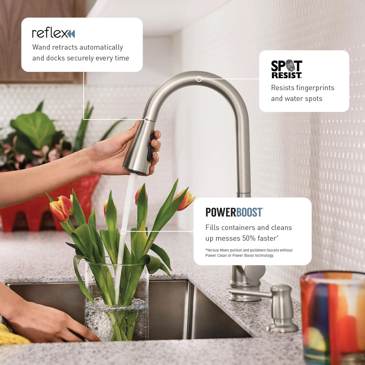 Moen Arbor Spot-Resist Stainless One-Handle Pulldown Kitchen Faucet with Sprayer, Reflex Docking & Power Boost (7594SRS)