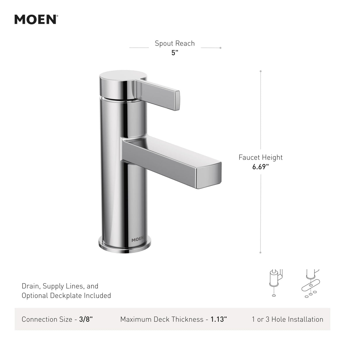 Moen Beric Chrome One-Handle Bathroom Faucet 84774 | Deck Plate Optional, Drain