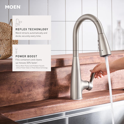 Moen Haelyn Spot Resist Stainless Single-Handle Pull-Down Sprayer Kitchen Faucet with Power Boost – 87627SRS