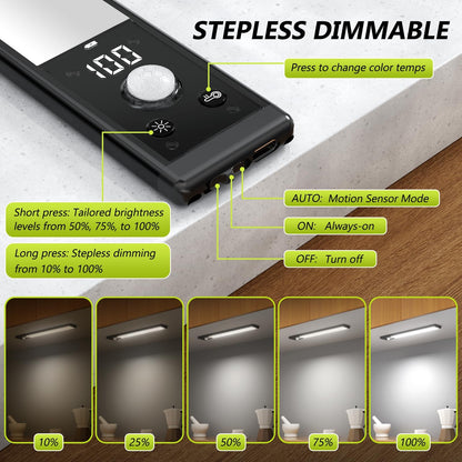Mpotmiy 4-Pack 12-Inch Under Cabinet Lights | Battery Display, Motion Sensor, 3 Color Temperatures
