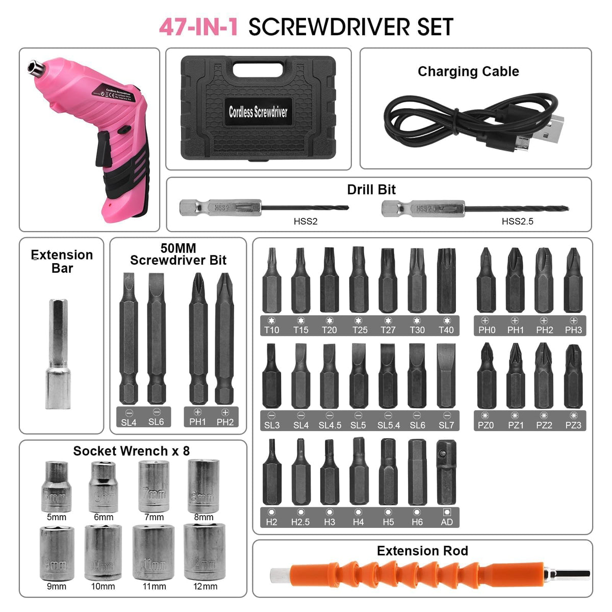 MQFORU Pink Cordless Screwdriver Set – 3.7V, 47-Piece Kit, LED Light