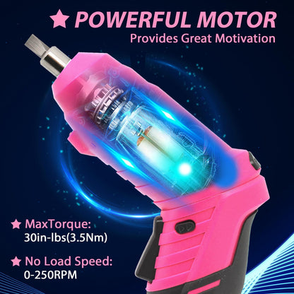 MQFORU Pink Cordless Screwdriver Set – 3.7V, 47-Piece Kit, LED Light