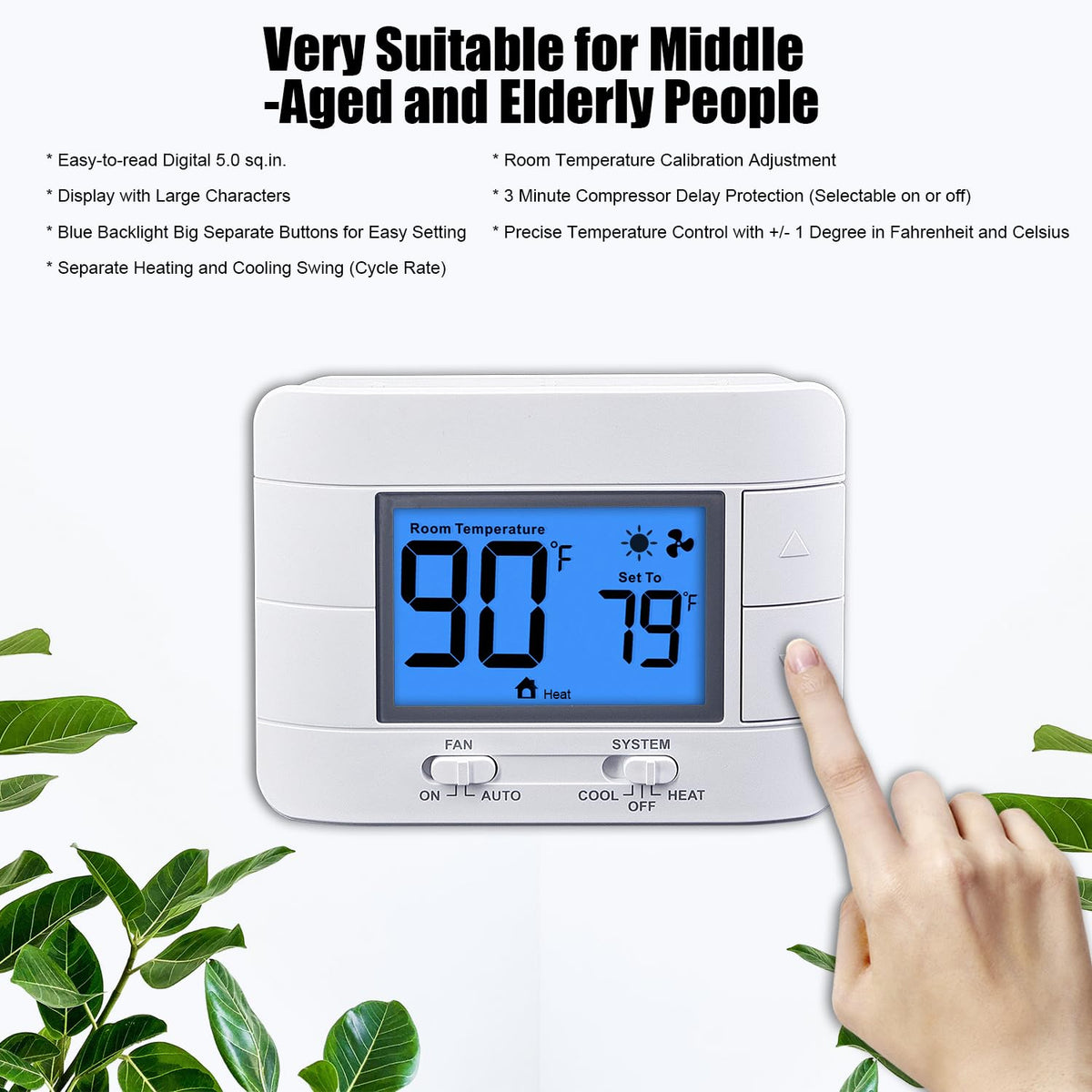 Mroinge Non-Programmable Thermostat for Home — Single Stage 1H/1C, Large Blue LCD