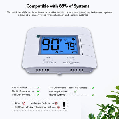 Mroinge Non-Programmable Thermostat for Home — Single Stage 1H/1C, Large Blue LCD