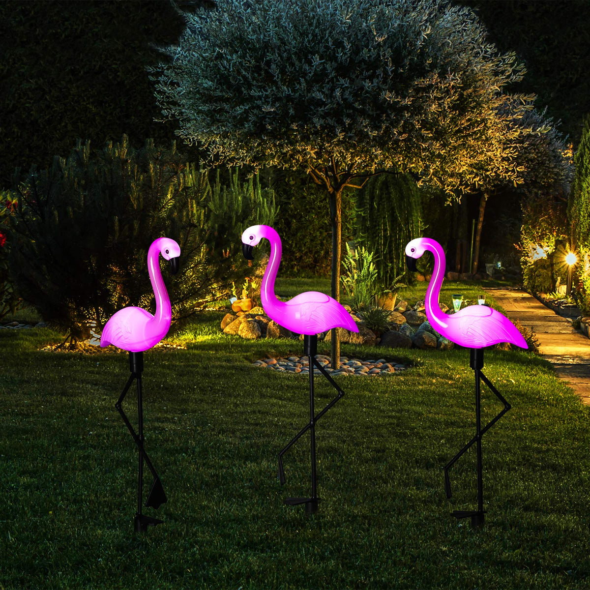 Mudder 3 Pieces Flamingo Solar Lights Outdoor - Pink Waterproof Lawn Stake Lights for Pathway, Patio & Garden