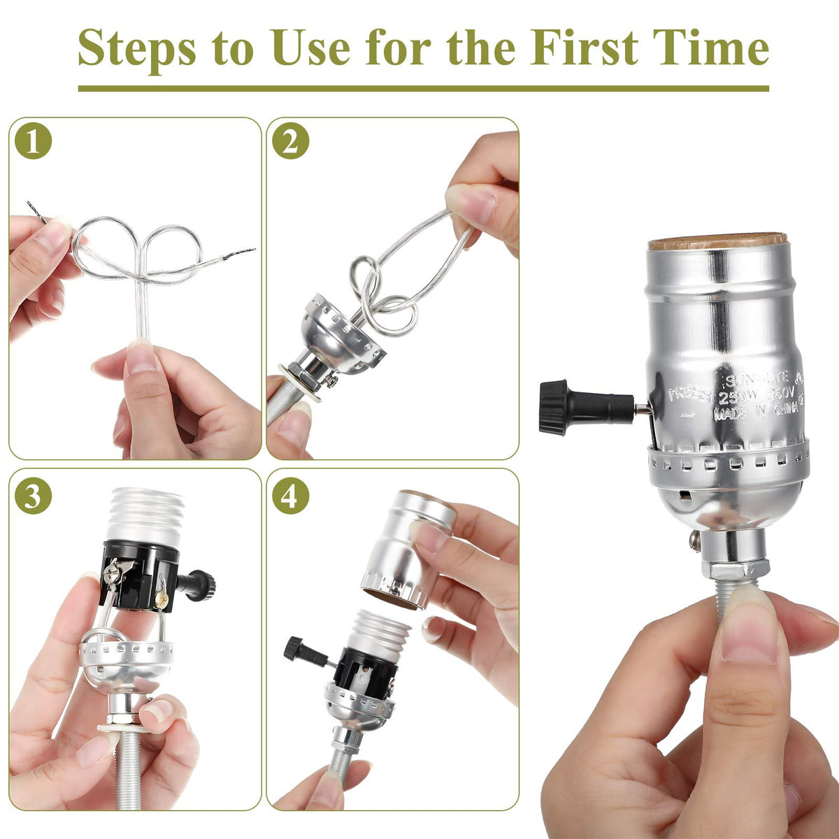 Mudder 2-Set Lamp Kit for DIY Wiring with 8-Inch Silver Harp and 3-Way Socket