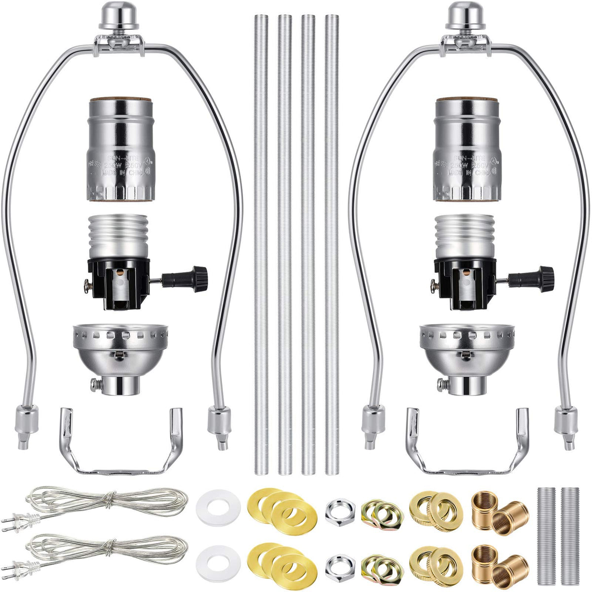 Mudder 2-Set Lamp Kit for DIY Wiring with 8-Inch Silver Harp and 3-Way Socket