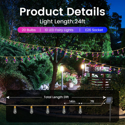 MUYUN Solar Outdoor String Lights - 2 Pack 24ft Hemp Rope, 20 Shatterproof Bulbs, 8 Modes, Memory, IP65