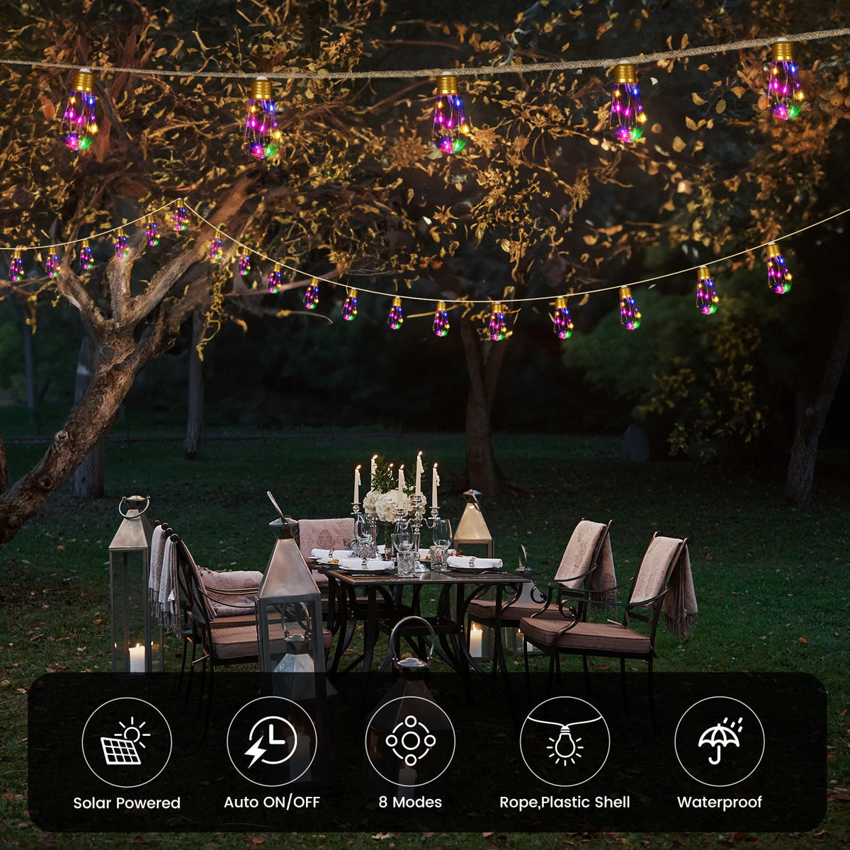 MUYUN Solar Outdoor String Lights - 2 Pack 24ft Hemp Rope, 20 Shatterproof Bulbs, 8 Modes, Memory, IP65