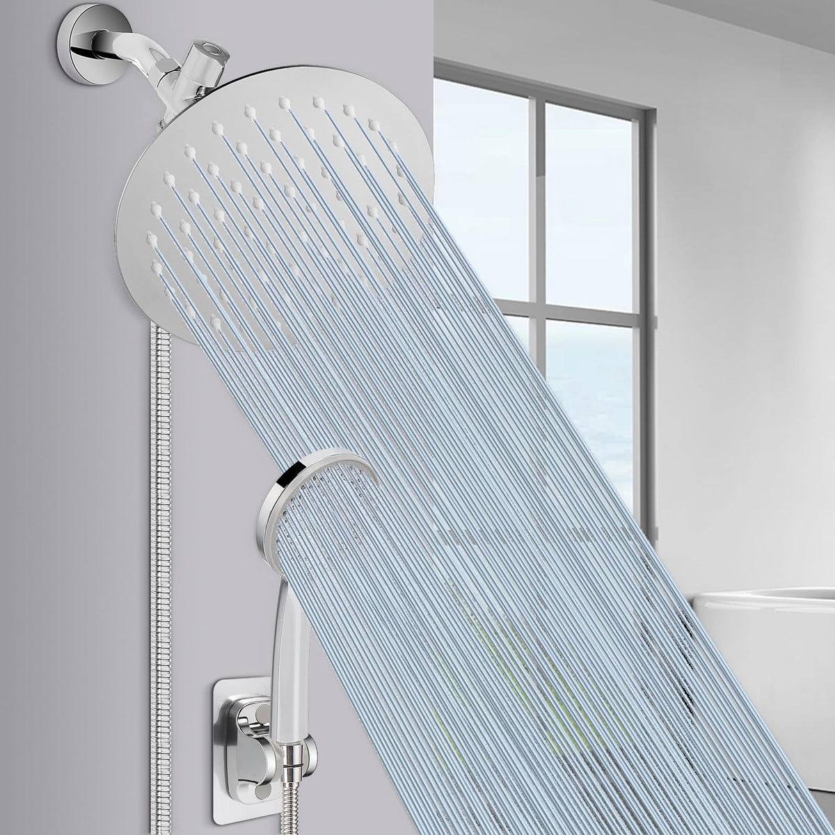 NearMoon Shower Head with Hose – 8-inch Rain Shower and 5-Setting Handheld, Chrome