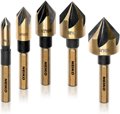 NEIKO 10218A Countersink Drill Bit Set — 1/4" Tri-Flat Shank, 5-Piece, M2 HSS
