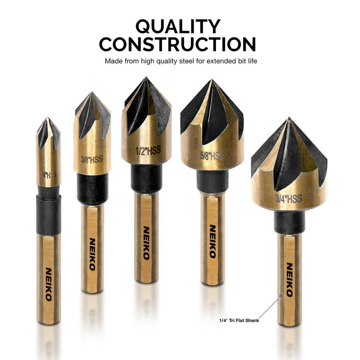 NEIKO 10218A Countersink Drill Bit Set — 1/4" Tri-Flat Shank, 5-Piece, M2 HSS
