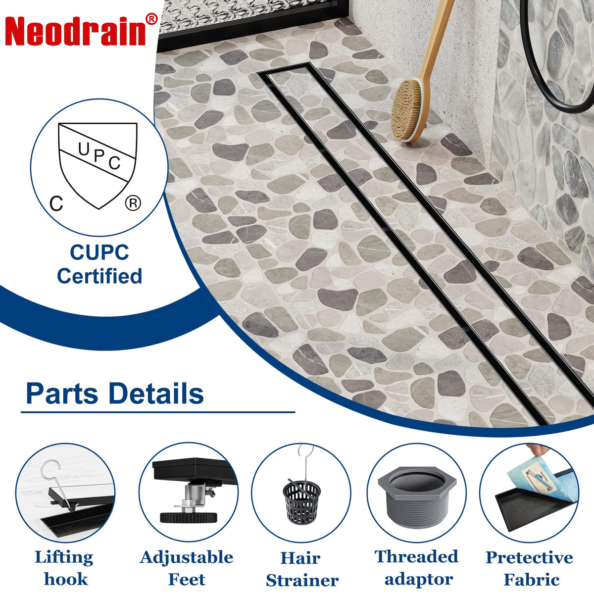 Neodrain 24-Inch Linear Shower Drain with Tile Insert Grate – Matte Black 304 Stainless Steel