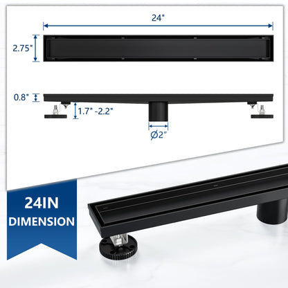 Neodrain 24-Inch Linear Shower Drain with Tile Insert Grate – Matte Black 304 Stainless Steel