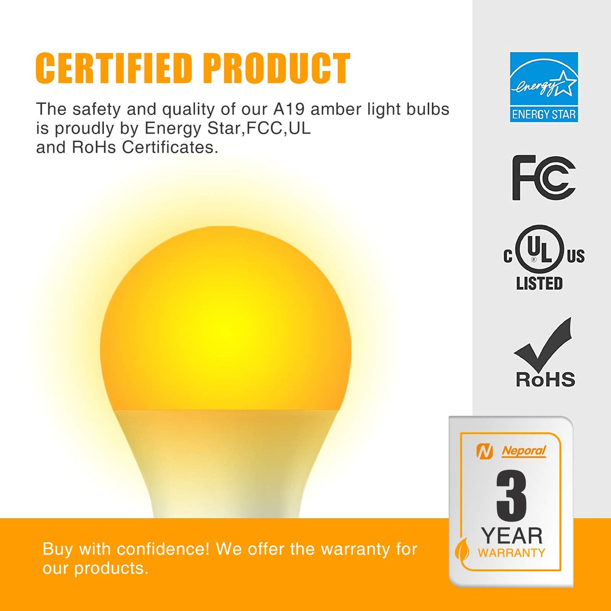 Neporal Amber Light Bulbs 9W – Blue Light Blocking 1800K for Sleep and Nursery