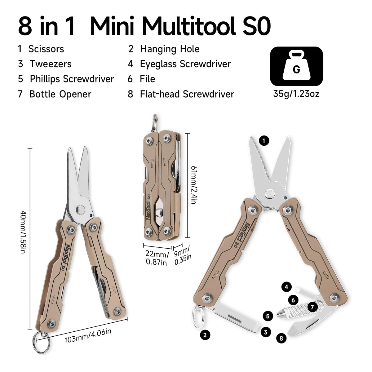 NexTool Micro Sailor S0: 8-in-1 Mini Keychain Scissors | Ultra-Light EDC Tool
