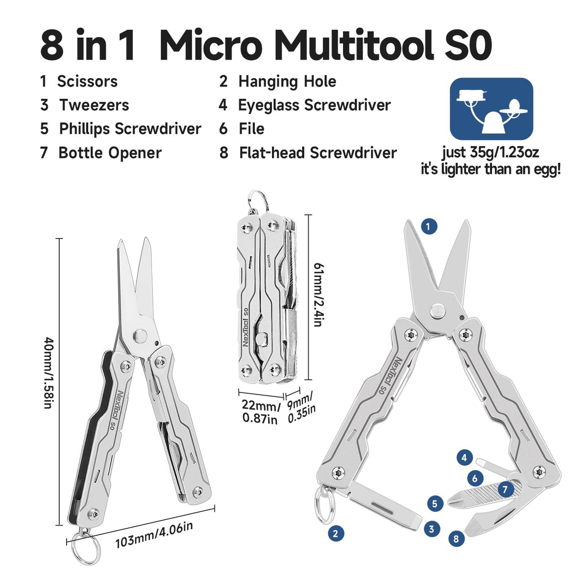 NexTool Micro Sailor Scissors S0 – 8-in-1 Mini Keychain Multitool for Travel & EDC