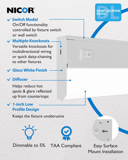 Nicor 9” LED Direct-Wire Under Cabinet Light | Dimmable, 2700K–5000K, 340–360 Lumens