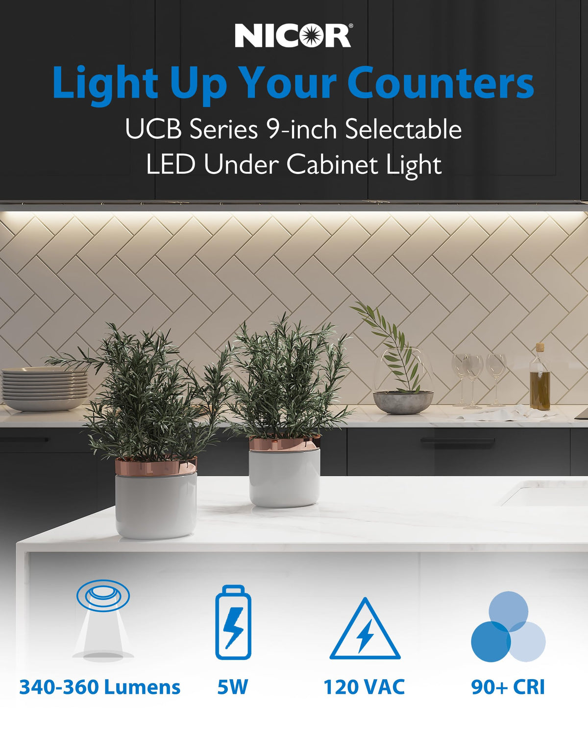 Nicor 9” LED Direct-Wire Under Cabinet Light | Dimmable, 2700K–5000K, 340–360 Lumens