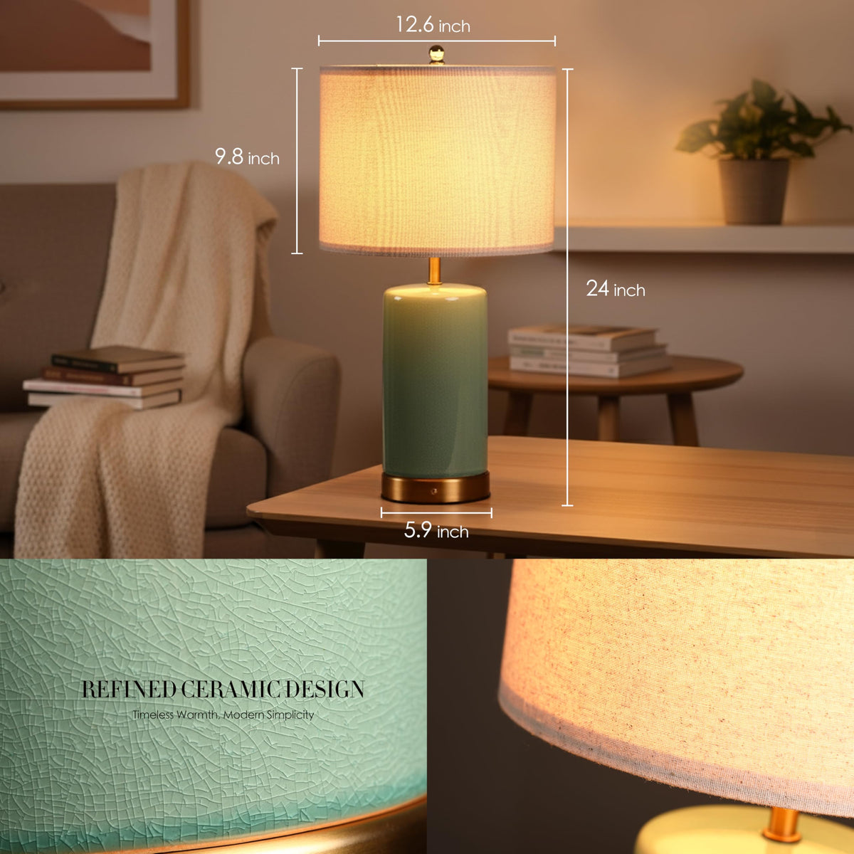 O’Bright Dune Battery-Powered Table Lamp | 24-Inch Cordless Ceramic Lamp, Sage Green