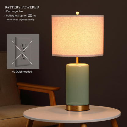O’Bright Dune Battery-Powered Table Lamp | 24-Inch Cordless Ceramic Lamp, Sage Green