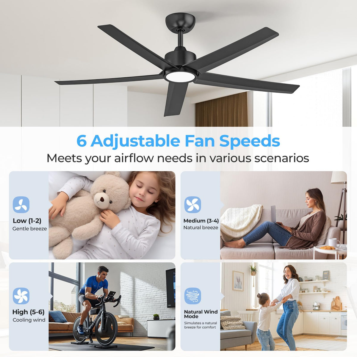 ocioc 52-Inch Ceiling Fan with Lights, Black – Remote, 3CCT LED, Quiet DC Motor