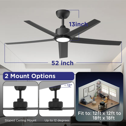 ocioc 52-Inch Ceiling Fan with Lights, Black – Remote, 3CCT LED, Quiet DC Motor