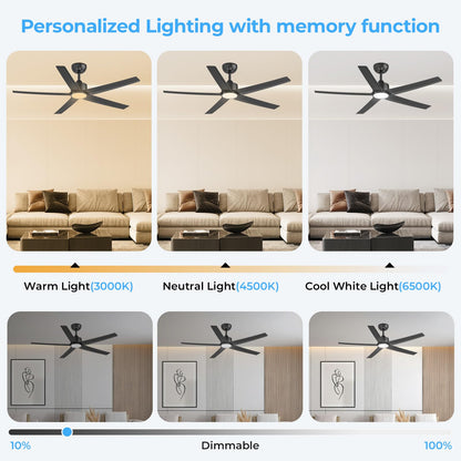 ocioc 52-Inch Ceiling Fan with Lights, Black – Remote, 3CCT LED, Quiet DC Motor