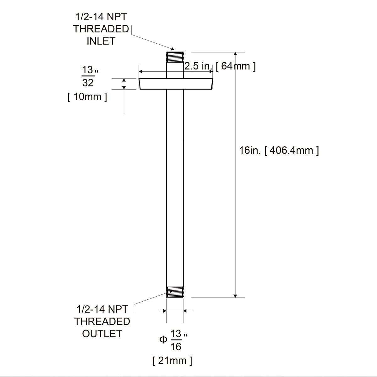 OFFO 16-Inch Ceiling Mount Shower Arm with Flange – Matte Black, 1/2" NPT