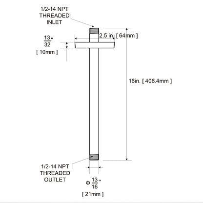 OFFO 16-Inch Ceiling Mount Shower Arm with Flange – Matte Black, 1/2" NPT